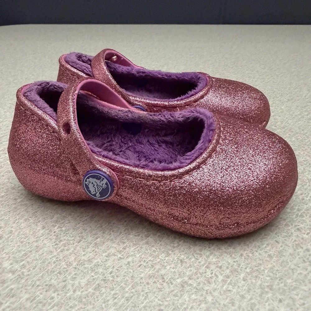 Crocs Classic Pink Glitter Lined Mary Jane Slip On Shoes Youth Girls Size C 7